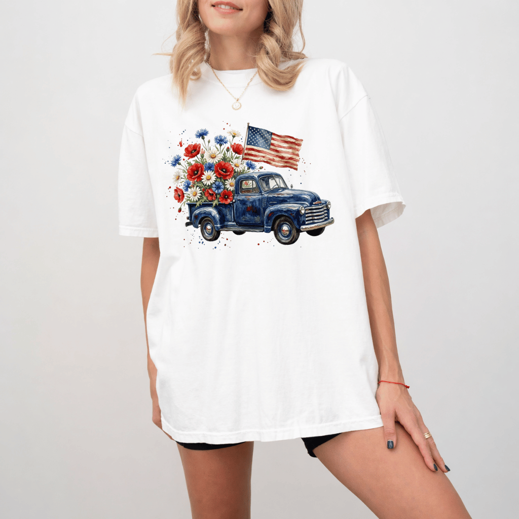 USA Flag Retro Truck Comfort Colors Shirt – 4th of July Country Style Gift for Her, Patriotic Tee - detail view